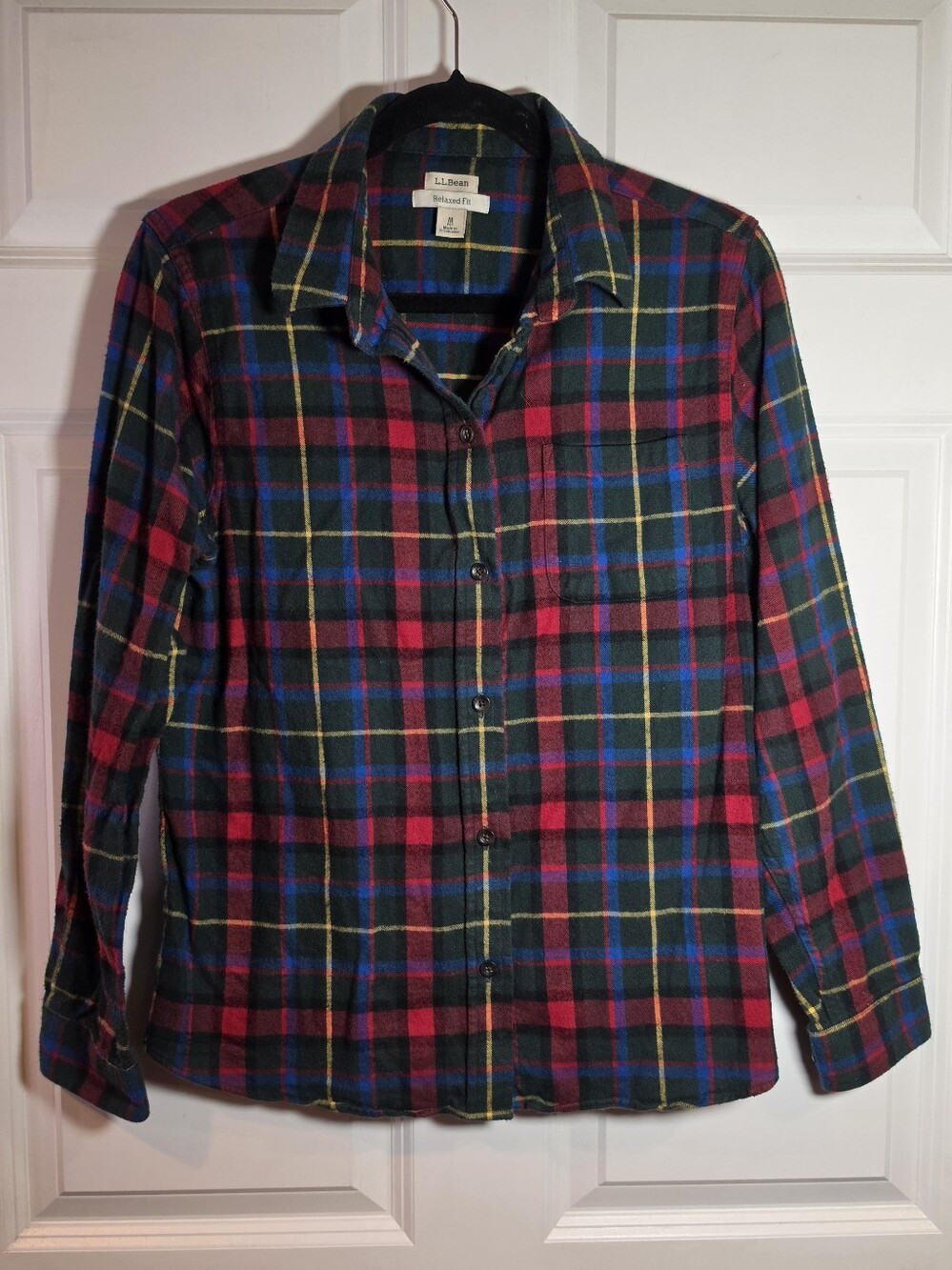 L.L. Bean Relaxed Fit Red & Green Plaid Flannel Shirt Medium Petite